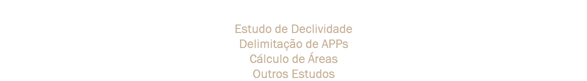 Sistema de Informações Geográficas (SIG) Estudo de Declividade
Delimitação de APPs
Cálculo de Áreas
Outros Estudos
