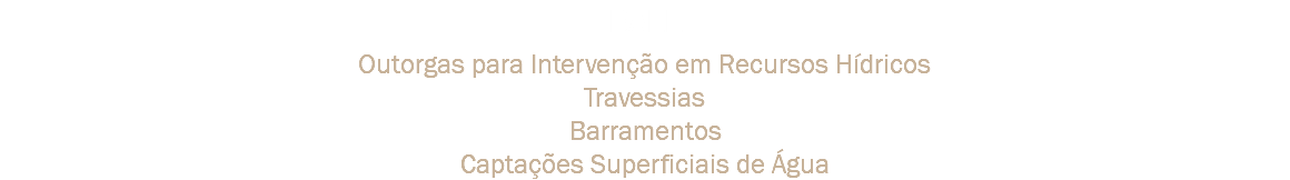 DAEE Outorgas para Intervenção em Recursos Hídricos
Travessias
Barramentos
Captações Superficiais de Água